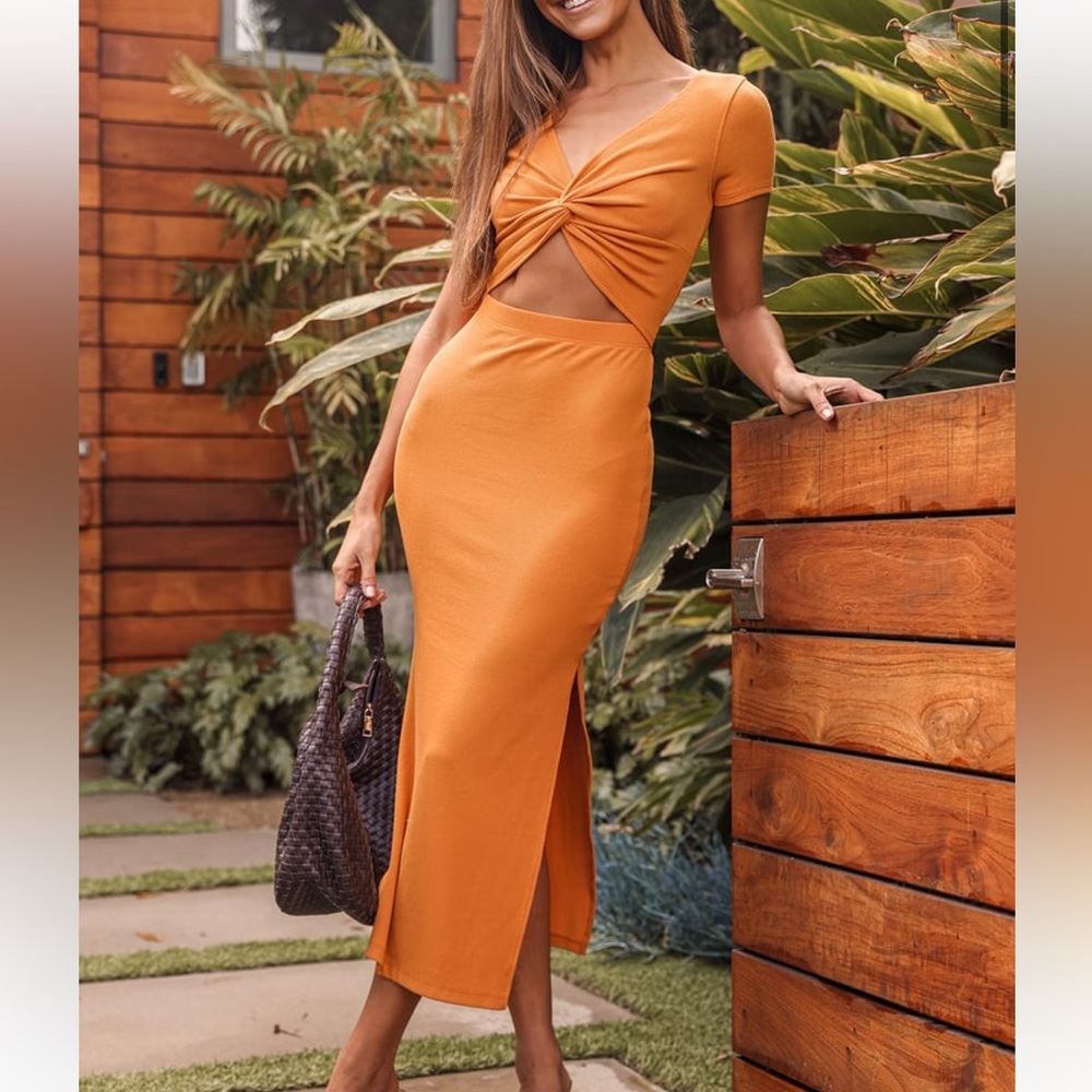 Lulus Style Twist Orange Twist Front Cutout Midi Dress View 3